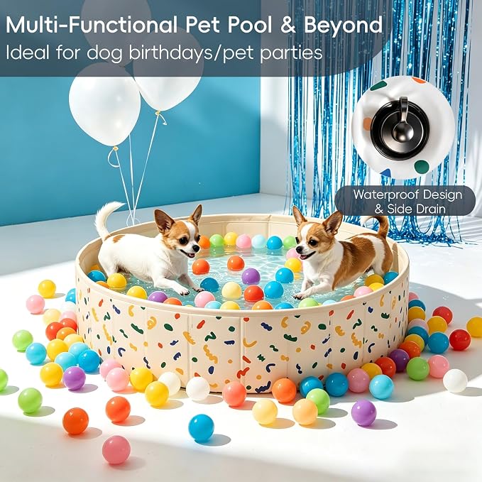 Foldable Dog Ball Pit with 64 Balls Included & Dog Pool, Portable Multifunctional Ball Pit for Dogs & Cats, Anti-Collapse Non-Slip Pet Play Pool (Beige S+64 Balls)