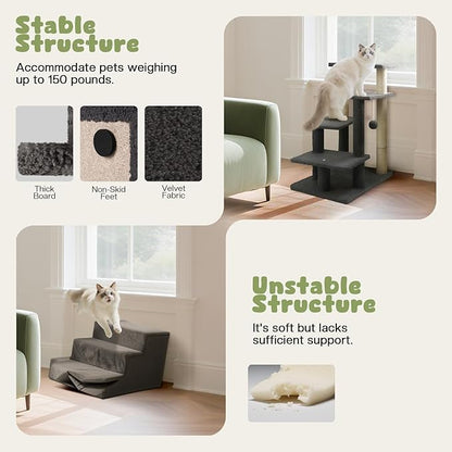 4-Step Pet Steps for Cats/Dogs, Cat Stairs with Sisal Scratching Post, Cat Steps for Older Cats with Enlarge Perch, Pet Stairs for High Bed and Couch, Gray