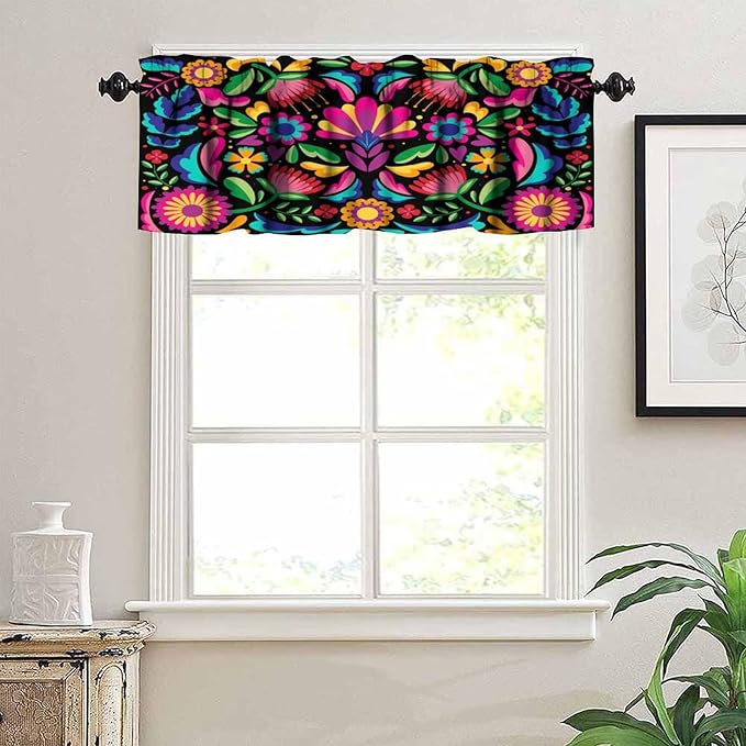 Mexican Style Valances Curtain for Kitchen, Colorful Retro Floral Pattern Window Treatment Valances Short Curtains Rod Pocket Drape for Dining Room Home Decor, 54x18inch