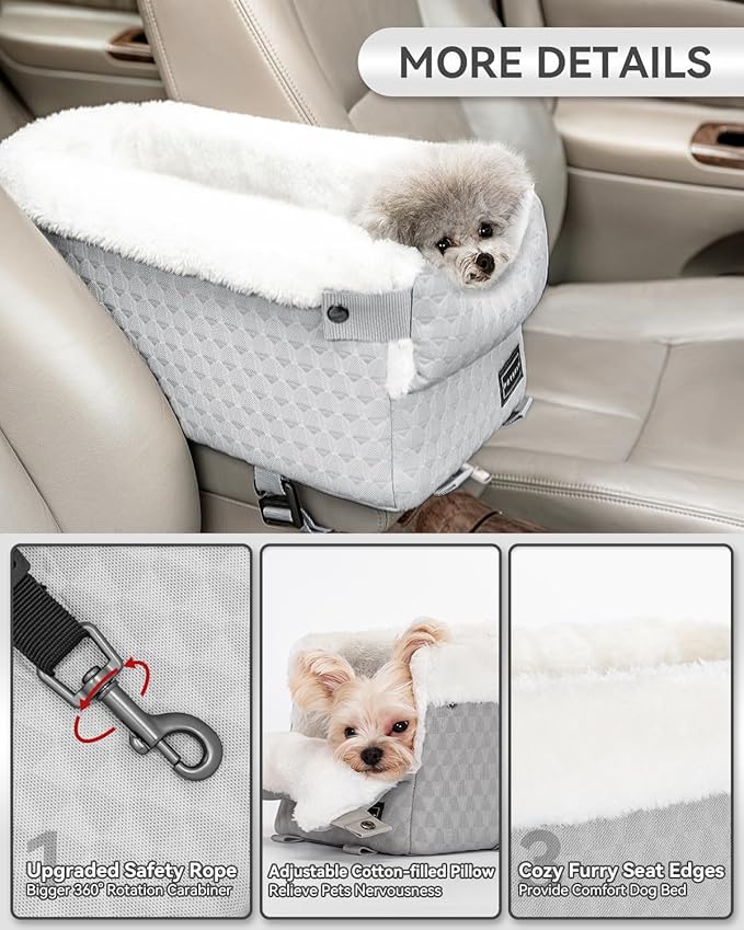 PETSFIT Dog Car Seats for Small Dogs with Safe Protection Hooks, Small Dog Car Seat with Upgraded Safety Tethers, Washable Cushion, Center Console Dog Car Seat for Pets Under 8 Lbs (Light Grey)