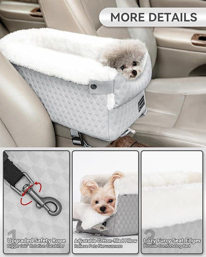 PETSFIT Dog Car Seats for Small Dogs with Safe Protection Hooks, Small Dog Car Seat with Upgraded Safety Tethers, Washable Cushion, Center Console Dog Car Seat for Pets Under 8 Lbs (Light Grey)