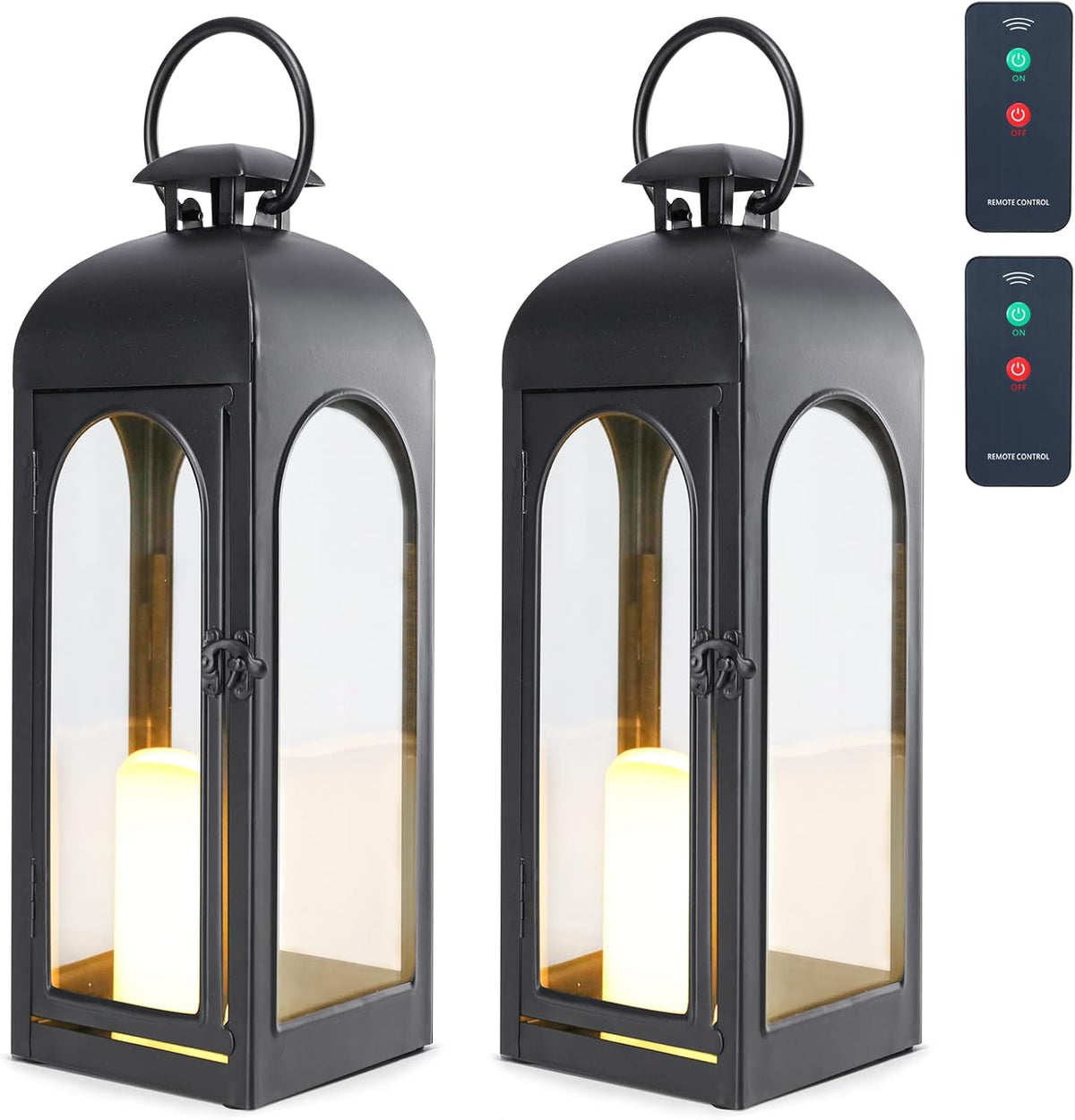 Bdor 2 Pack 20 Inches Metal and Tempered Glass Decorative Lantern with Electronic Wax Effect - Indoor/Outdoor Decorative Lighting, Handcrafted Aesthetic, Perfect for Home, Parties, and Holiday Decor