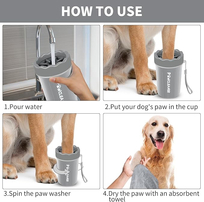Professional 7 in 1 Dog Paw Cleaner for Dogs & Cats - Includes 1 Portable Paw Washer, 1 Bath Brush, 2 Dog Toothbrushes and 3 Absorbent Towels Note: Fits Paws 1.5 to 2.5 Inches Wide (Medium, Grey)