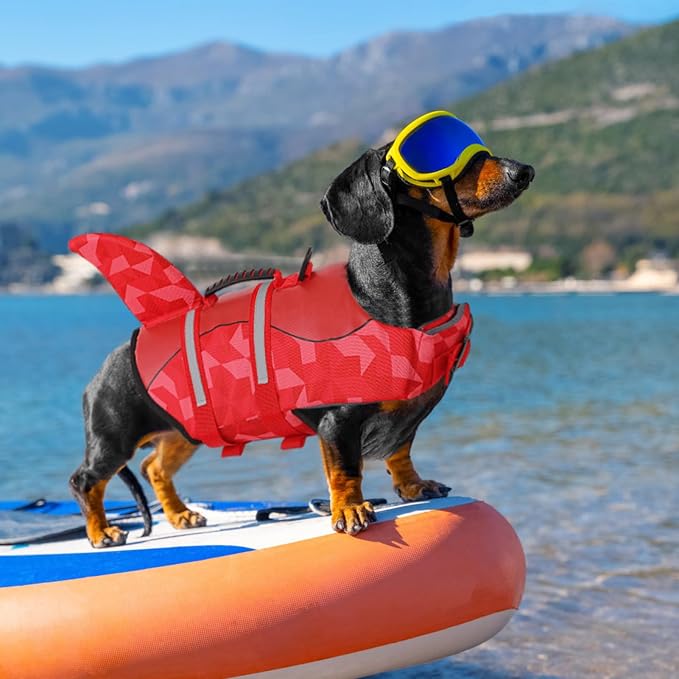 Shark Dog Life Jacket, LifeVests for Boating, High Buoyant Dog Life Vest for Swimming, Adjustable Easy On Pet Jackets for Small, Medium, Large Dogs (Red Triangle,XXL)