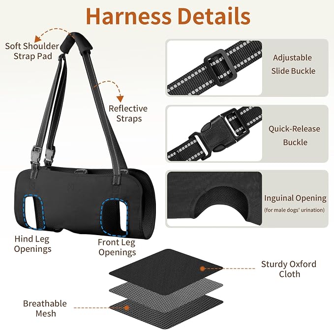 Full Body Dog Lift Harness, Support Senior & Disabled Dogs Walking | Help Up & Down Stairs Grooming, Dog Sling Backpack, Front Hind Leg Joint Injuries, Reflective, Soft Padded Handle | Black, S