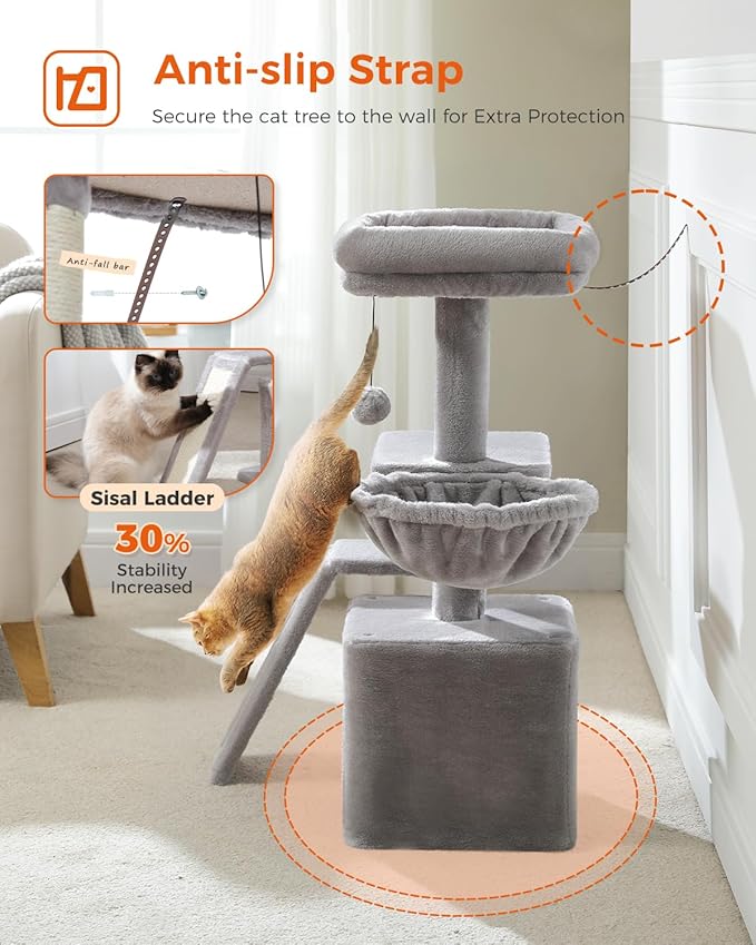 PETEPELA Small Cat Tree for Indoor Cats, 32'' Cute Cat Tower Cat Condo with Sisal Scratching Ramp, Cozy Hammock and Removable Top Bed Perch for Kittens, Grey