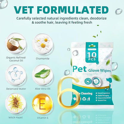 [10 Count] No-Rinse Pet Glove Wipes – 5-Finger Design, Coconut Oil & Aloe, Hypoallergenic Grooming Mitts for Dogs & Cats