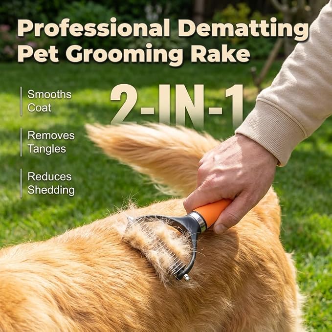 2026 Upgrade Double-Sided Pet Grooming Tool, Professional Pet Detangling Comb Removes Tangles Knots and Loose Fur, Gentle Deshedding Dog Cat Brush for Long Thick Hair (Orange)