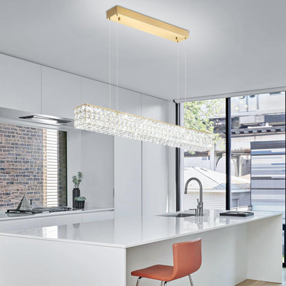 Rectangle Crystal Chandelier Modern Gold Crystal Chandelier Rectangular Pendant Lighting Fixture for Dining Room Kitchen Island Bedroom (L 40")