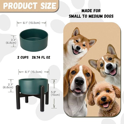 Raised Ceramic Dog Bowl Set with Stand, 2 Cups Elevated Dog Food Stand | 6.1'' Single Dog Food or Water Bowl Set, Non-Slip Dog Feeding Dishes for Small to Medium Breeds, 28.75 OZ, Green