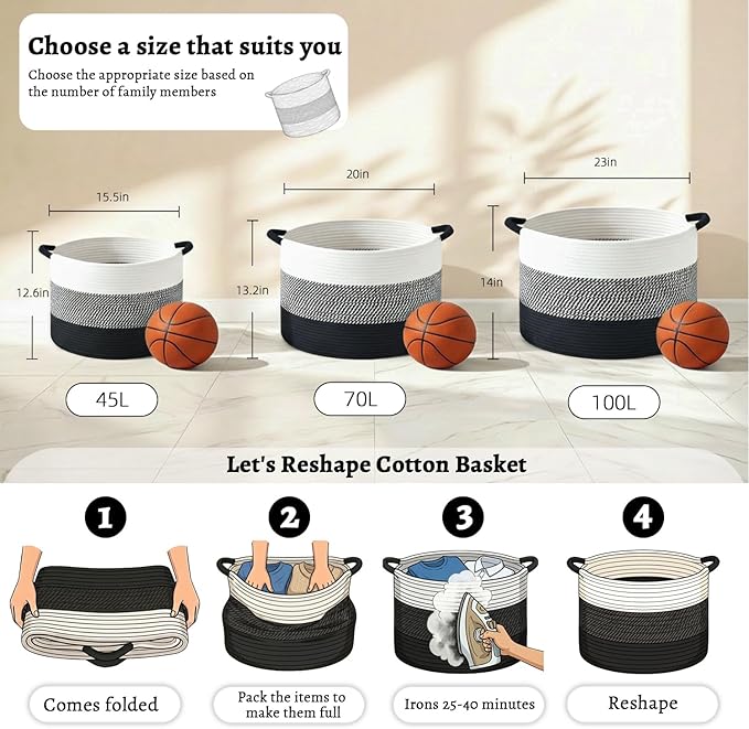 100L Large Cotton Rope Basket, Decorative Woven Blanket Storage for Living Room, Boho Toy Storage & Toy Box for Kids, Versatile Laundry Basket & Nursery Hamper for Blankets(Black)