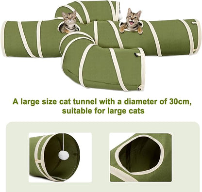 Ownpets Cactus Cat Tunnel 10" with Peek Holes for Indoor Large Cat, Green | Durable Oxford fabric, noise-free, foldable & connectable, multi-cat friendly, tube for cats up to 20lb, includes ball & wand