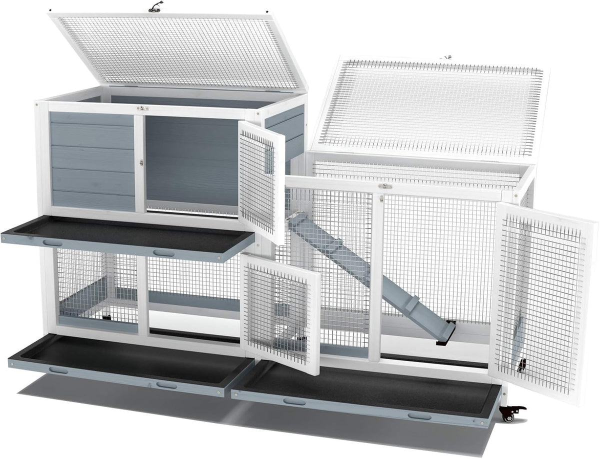 GDLF Two Floors 58" Wooden Indoor Bunny Hutch Rabbit Cage on Wheels Guinea Pig PET House for Small to Medium Animals Waterproof No Leak Tray