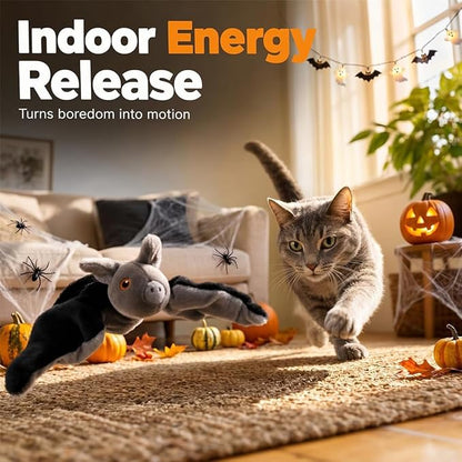 Flying Bat Dog Toy, Flapping Wings Interactive Chirping Pet Teaser, Remote Control Rechargeable Halloween Bat Toy with Catnip Filling, Electric Simulation Flying Motion Toy for Cats Dogs，2pcs