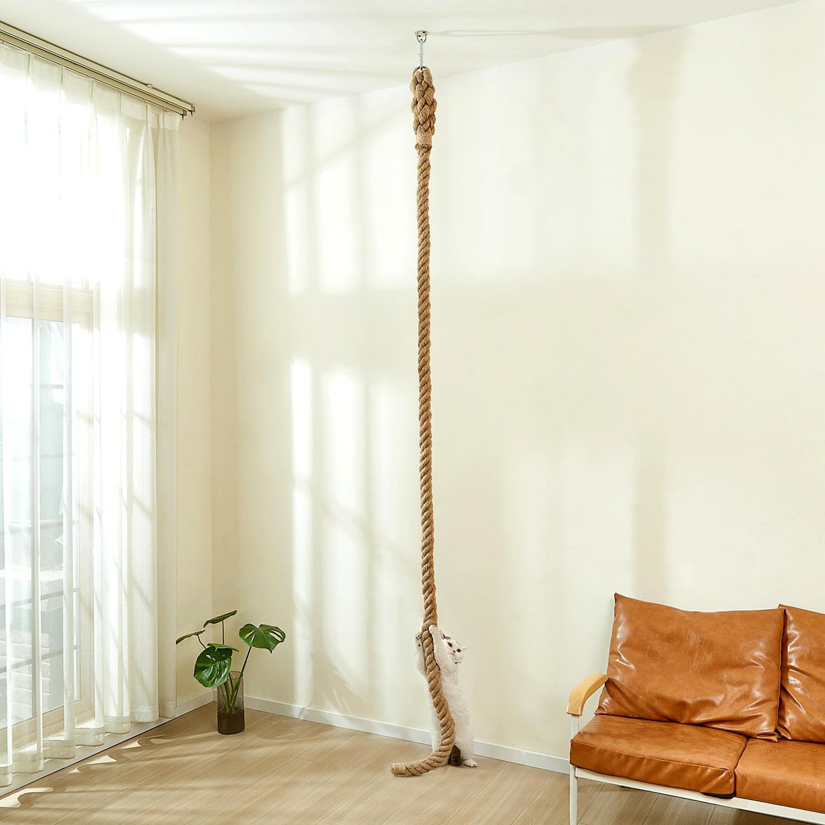SHENGOCASE 1.9" x 8.9Ft Cat Climbing Jute Rope for Ceiling with Hook, Wall Mounted Furniture for Indoor and Outdoor Cats, Cimbing Pole (8.9 Feet)