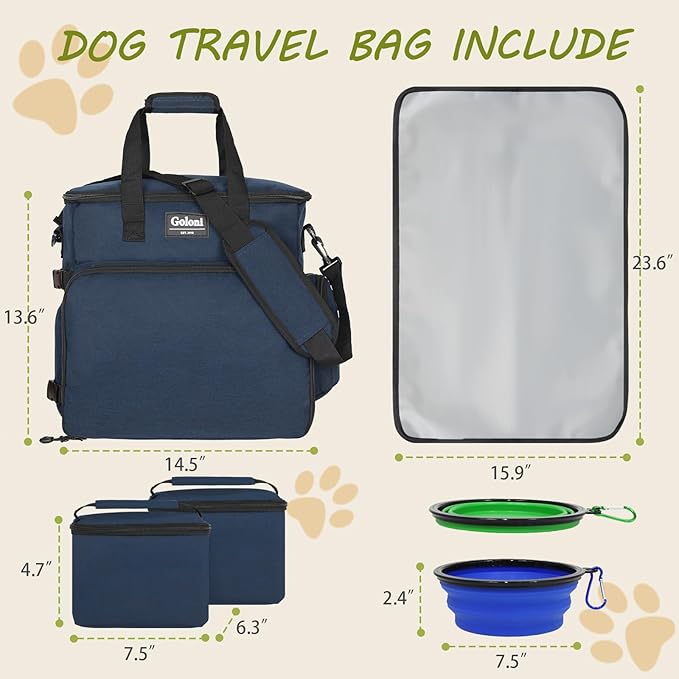 Dog Travel Bag Airline Approved–Pet Travel Tote with Collapsible Bowls,Food Containers & Feeding Mat–Multi-Pocket Organizer for Dogs & Cats, Durable & Water-Resistant for Hiking,Trips,Outdoors