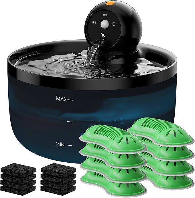 Pet Water Fountain Battery Operated: GOOIFUN Cat Water Fountains with 8 Filters + 8 Sponges - 88oz/2.6L Noiseless Cats Waterer Bowl Dispenser - Kitten Drinking Fountains for Cats Indoor