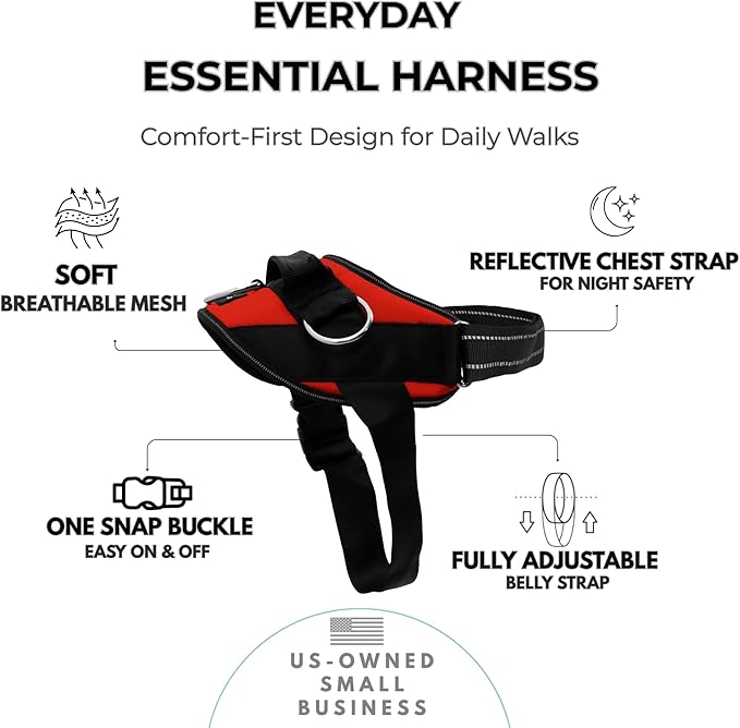 ShawnCo Essential Dog Harness, No-Pull Pet Vest (Mustang Red,L) | 3 Leash Clips, Easy On, No-Choke, Reflective, Adjustable Fit, Padded Comfort, Control Handle, For Small, Medium & Large Dogs
