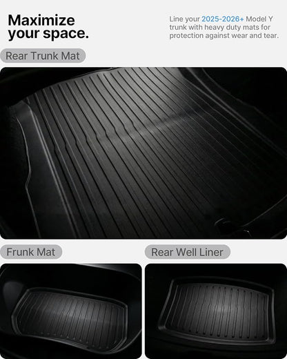 6Pcs Floor Mats for Tesla Model 3 Highland 2024-2026 All Trims, Injection Molded Virgin TPE with Aluminum Dead Pedal — All-Weather Cargo Liners with Frunk/Trunk Lower Storage