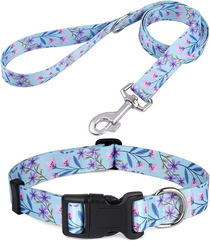Dog Collar and Leash Set with Bohemia Floral Tribal Geometric Patterns - Soft Ethnic Style Collar Adjustable for Small Medium Large Dogs(Pink + Purple Floral Set,M)