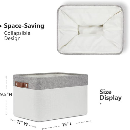 DULLEMELO Storage Baskets for Organizing, Shelves,Bedroom, Decorative Storage Bins with Leather Handles, Fabric Storage Basket for Office, Toys(3-Pack Medium-15 inch X 11 inch X 9.5 inch , Grey&White)