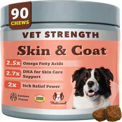 Natural Dog Company Omega Skin & Coat Chews, Vet Strength Supplement, Itchy Skin Relief, Moisture Balance & Coat Hydration, Biotin & Vitamin E, Dry Skin Care, Vet-Recommended, USA Made, 90 Ct