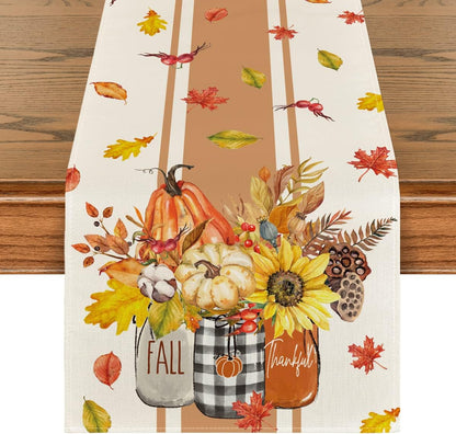 Artoid Mode Thankful Fall Pumpkin Leaves Floral Vases Table Runner, Autumn Thanksgiving Kitchen Dining Table Decoration for Home Party Decor 13x120 Inch
