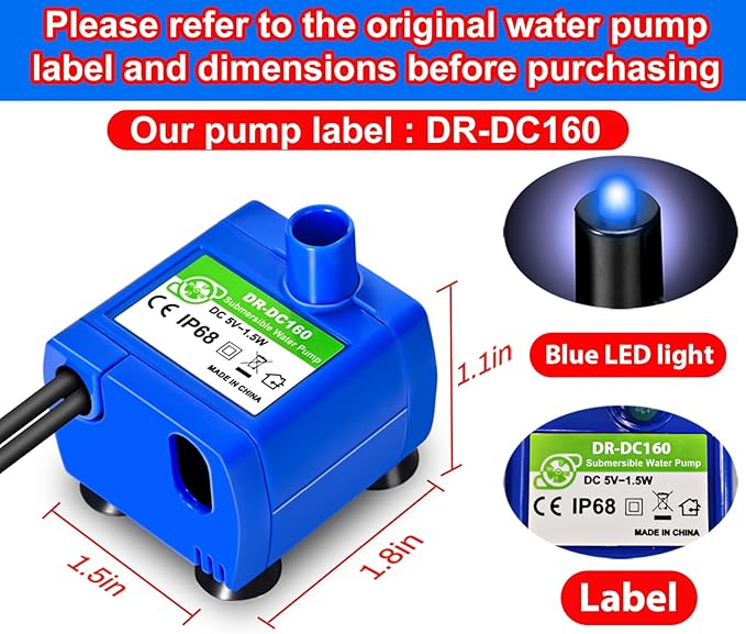 Cat Water Fountain Pump, Pet Water Fountain Pump Compatible Motor, DR-DC160 for Cat Drinking Fountain Cat Water Dispenser Replacement (With LED&Adapter&Brush)