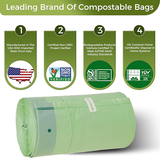 13 Gallon Compostable Trash Bags with Drawstring, Heavy Duty Extra Thick 1 Mil, 49.21 Liter, 30 Bags, Tall Kitchen Food Scrap Waste Bag, ASTM D6400, US BPI and OK Compost Home Certified