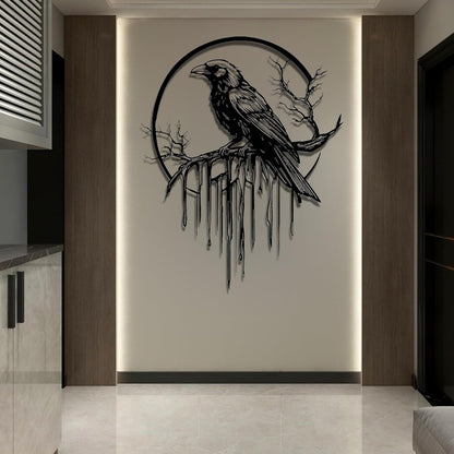 Crow Metal Wall Decor, Raven Wall Art, Large Gothic Raven Decor Hangings, Bird Wall Decor, Metal Tree Branch Decor, Ravens Sign, Raven Art for Living Room (White, 35"x28" | 90x72cm, metal wall art)