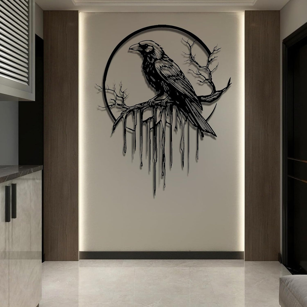 Crow Metal Wall Decor, Raven Wall Art, Large Gothic Raven Decor Hangings, Bird Wall Decor, Metal Tree Branch Decor, Ravens Sign, Raven Art for Living Room (Gold, 24"x19" | 60x48cm, metal wall art)