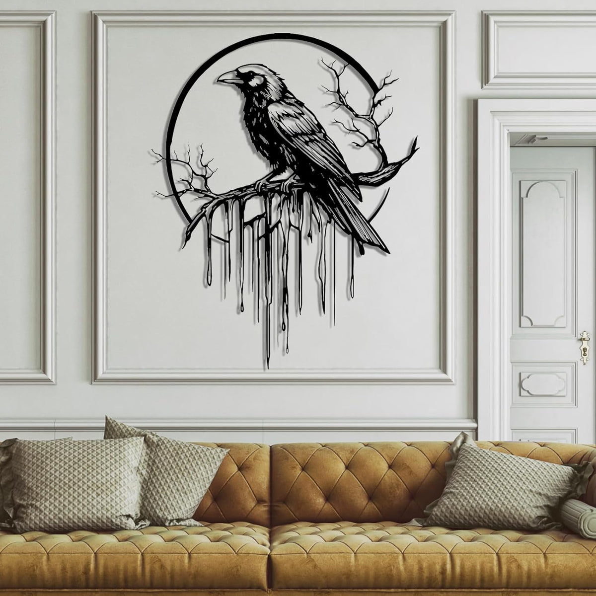 Crow Metal Wall Decor, Raven Wall Art, Large Gothic Raven Decor Hangings, Bird Wall Decor, Metal Tree Branch Decor, Ravens Sign, Raven Art for Living Room (Gold, 35"x28" | 90x72cm, metal wall art)