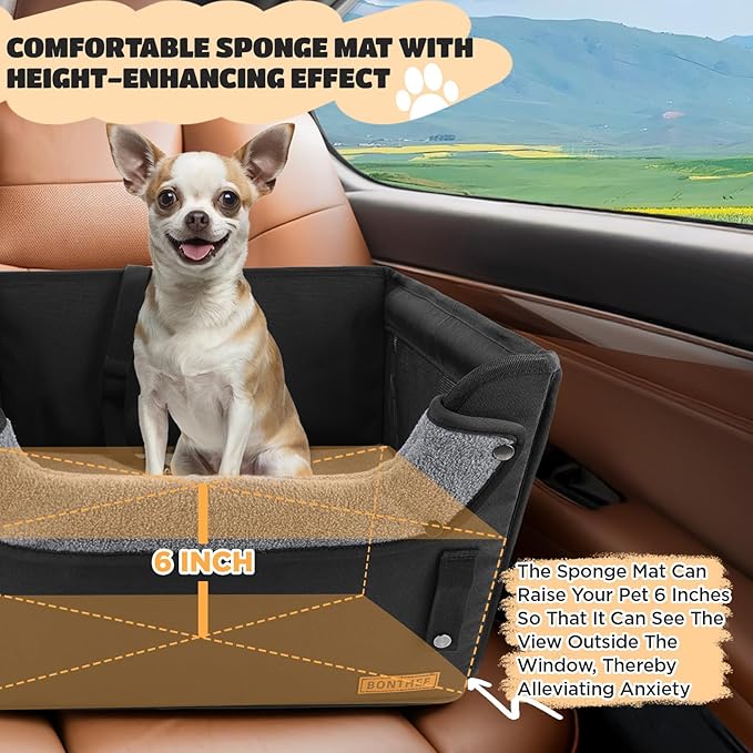 Elevated Dog Car Booster Seat for Dogs & Cats up to 35LB, 6-Inch Memory Foam Pet Booster Seat, Side Breathable Mesh,Portable Travel-Safe Bed for Cars,Elevated Car Seat for Small Medium Dogs