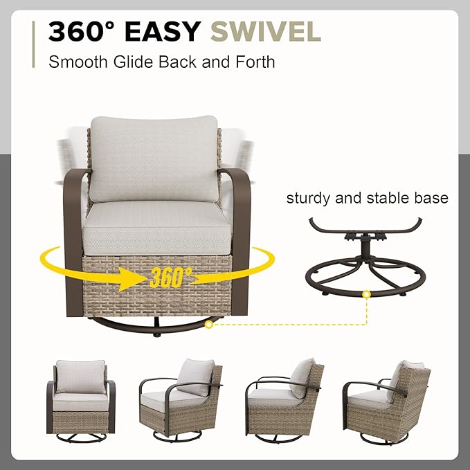 COOS BAY Aurora Terrace Half-Moon Outdoor Furniture Set, Rattan Conversation Set with Swivel Rockers, Curved 4-Seat Sofa, Coffee Table, Seats 6, Beige/Beige