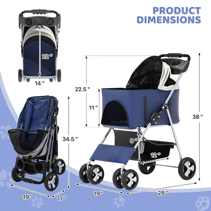 Magshion Foldable Pet Stroller, 3-in-1 Dog Travel Jogger with Detachable Carrier, Cup Holder, Storage Basket, Folding Carrier for Small/Medium Dogs & Cats Up to 33 lbs, Navy Blue