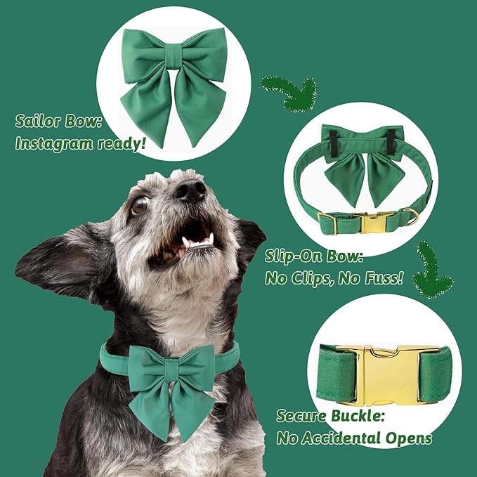 Maca Bates Jade Green Dog Collar with Cute Solid Sailor Bow Tie for Extra Small Girl Boy Dogs,Adjustbale Durable Breakaway Soft Collars with Bowtie for Female Male Puppy,Pet with Metal Buckle