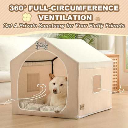 Indoor Dog House with Frame,Cute Dog Tent Bed with Cover Cave,Beige | Breathable,Washable,and Foldable House, Suitable for 22-40 Lb, Large (25"×25"×25"),Inside Dog House