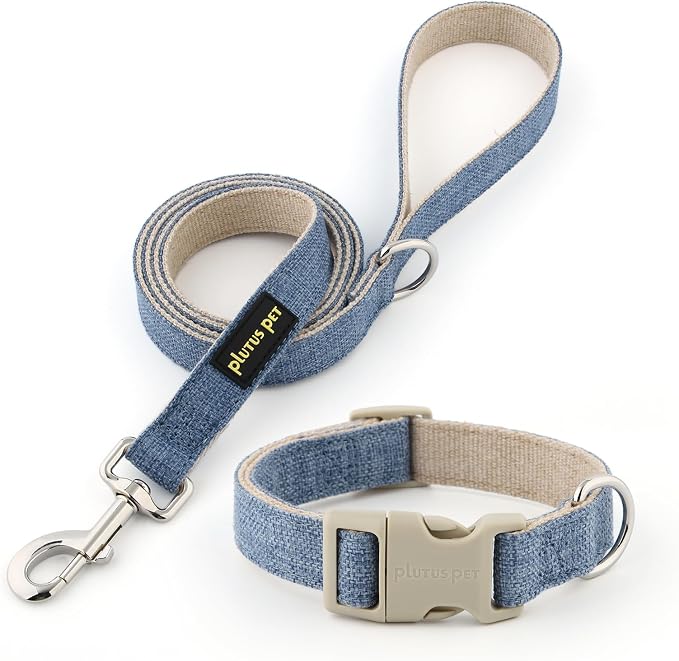 Plutus Pet Cotton Hemp Dog Collar and Leash Set, Adjustable Collar for Small, Medium, and Large Dogs, Heavy Duty and Soft on Skin, Haze Blue, S