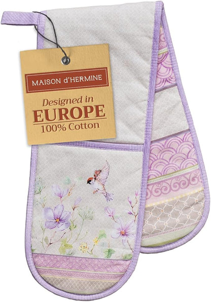 Maison d' Hermine Double Oven Mitts 100% Cotton 7"x35" Double Oven Mitt Heat Resistant BBQ Cooking Gloves with Loop, Baking, Grilling, Home, Kitchen, Handling Hot Pan Spring Summer (Magnolia Mornings)