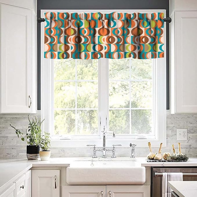 Retro Mid Century Valance Curtains, Colorful 50S 60S 70S Style Vintage Boho Abstract Geometric Circles Window Curtain Valance for Bedroom Living Room Kitchen 54x18inch