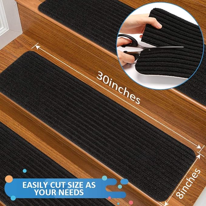 RIOLAND Stair Treads Carpet Non-Slip Indoor Stair Runners for Wooden Steps, Stair Rugs for Kids and Dogs, Set of 15, 8" X 30", Black