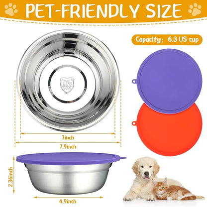 Patelai 4 Pcs Stainless Steel Dog Bowls 7.9" with Silicone Lids Portable Food and Water Dishes for Pets Sealable Containers for Small Medium Dog Cat Indoor (Red,Purple)