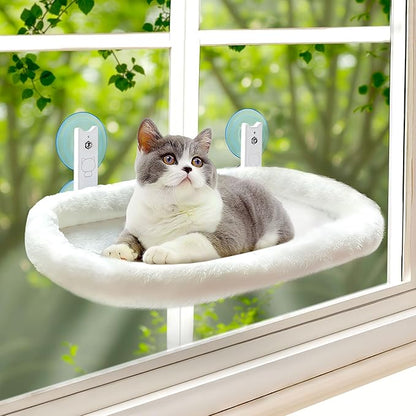 Cat Window Perch, Cordless Cat Hammock, Foldable Cats Window Bed for Large Cats with 4 Strong Suction Cups, Solid Metal Frame and Removable Cushion Bed Cover