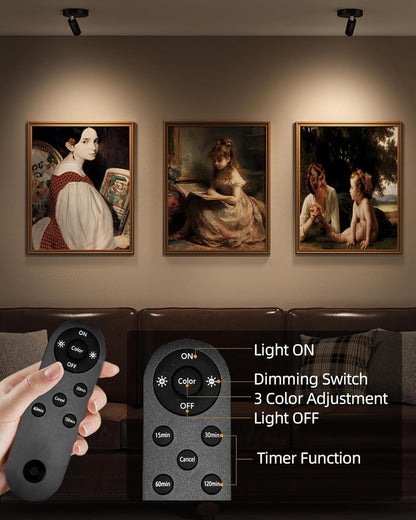 EZVALO Spotlights Indoor with Remote,5500mAh Rechargeable Picture Lights, Wireless LED Uplighting with Timer＆Dimmable, 3CCT,Mini Plant Spot Lights for Painting,Artwork,Accent Lighting(4Pack-Black)
