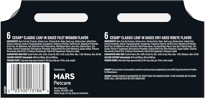 Cesar Wet Dog Food Classic Loaf in Sauce Butcher's Selects Variety Pack, Dry-Aged Ribeye Flavor and Filet Mignon Flavor, 3.5 oz. Trays (12 Count, Pack of 1)