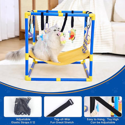 Puppy Play Gym with 12 Hanging Toys, 2-in-1 Dog Play Gym & Hammock, Adjustable Puppy Enrichment Toys for Small Dogs/Cat, Interactive Activity Center, Indoor Playground for Teething (23.6")