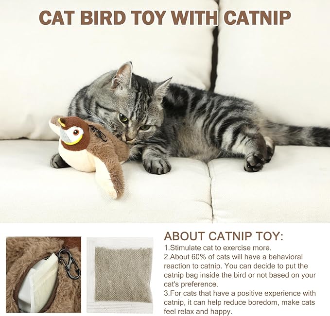 Tocirelo Cat Toy Flapping Bird (No Flying) - Simulate Chirping Flappy Bird, Interactive Cat Toys for Bored Indoor Adult Cats, Rechargeable Realistic Catnip Kicker Toy with Flapping Wings for Kitten