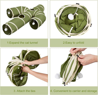 Ownpets Cactus Cat Tunnel 10" with Peek Holes for Indoor Large Cat, Green | Durable Oxford fabric, noise-free, foldable & connectable, multi-cat friendly, tube for cats up to 20lb, includes ball & wand