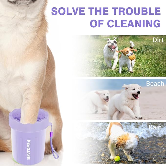 Professional 7 in 1 Dog Paw Cleaner for Dogs & Cats - Includes 1 Portable Paw Washer, 1 Bath Brush, 2 Dog Toothbrushes and 3 Absorbent Towels Note: Fits Paws up to 2 Inches Wide (Small, Purple)
