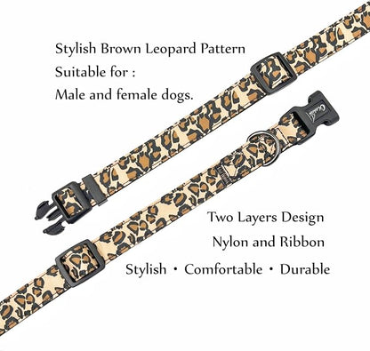Dog Collar Leash Set, Leopard Pattern, Nylon Webbing Plus Cotton Ribbon, 5ft Matching Leash, for Medium Dogs.(M, Brown Leopard)